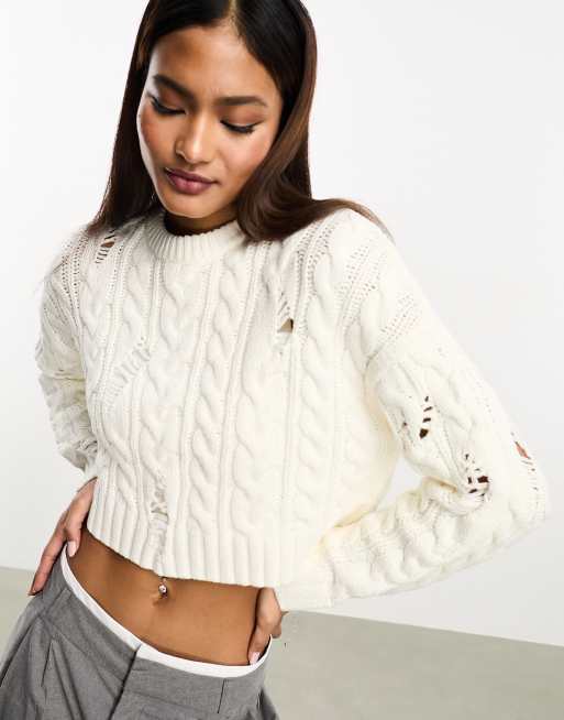 CABLE KNIT CROP SWEATER - Ecru