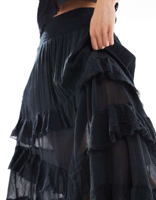 Bershka - Lagdelt maxinederdel i sort , 4 af 5