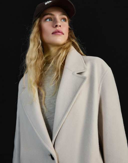 Bershka - Lang beige frakke i blødt materiale, 5 af 7