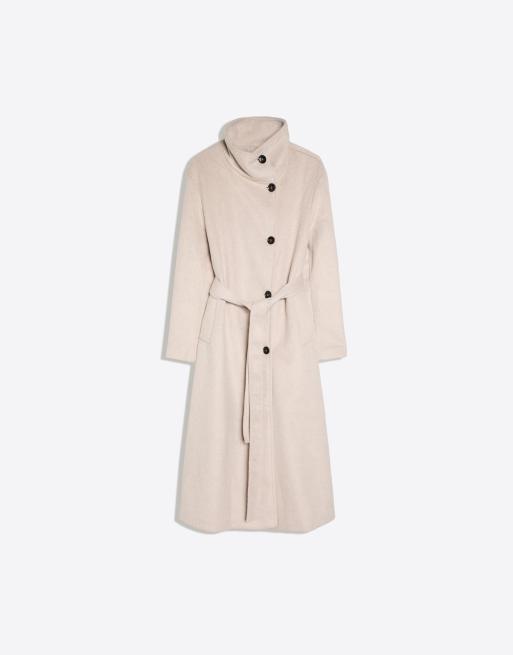 Bershka lang frakke med ståkrave og bælte i beige, 5 af 5