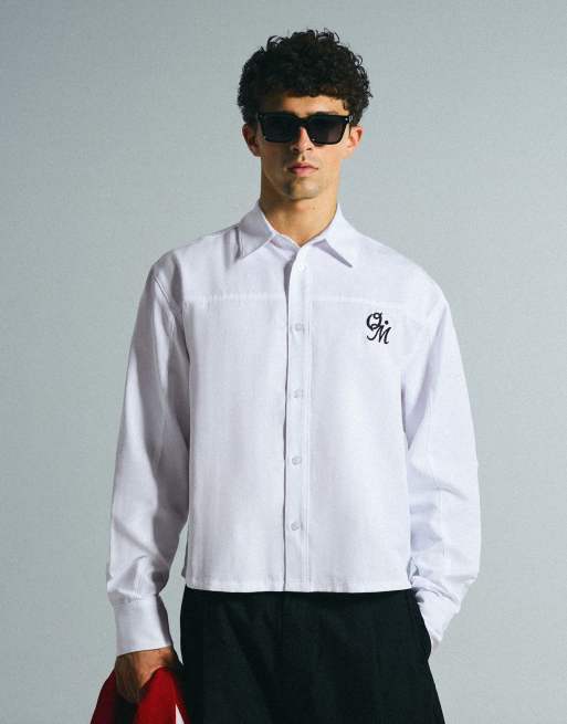 Bershka Langarm-Hemd mit Print in Weiß, 5 von 7