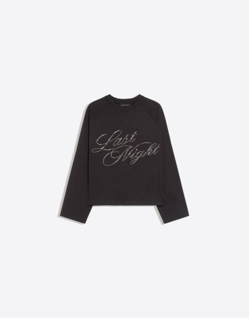 Bershka Langarm-Raglan-T-Shirt mit Strasssteinen in Schwarz, 3 von 4