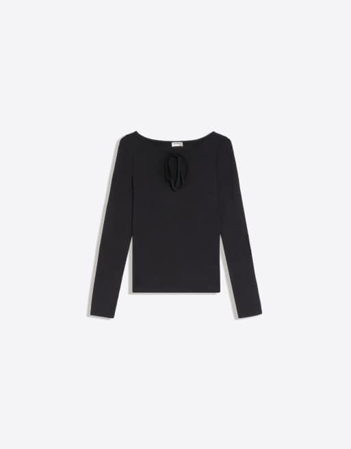 Bershka Langarm-T-Shirt mit Bindekragen in Schwarz, 5 von 5