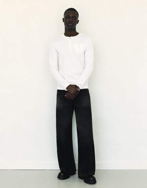 Bershka långärmad henley-t-shirt i vitt, 2 av 5