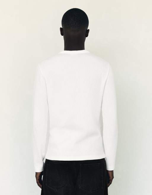 Bershka långärmad henley-t-shirt i vitt, 3 av 5