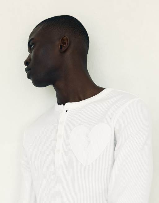 Bershka långärmad henley-t-shirt i vitt, 4 av 5