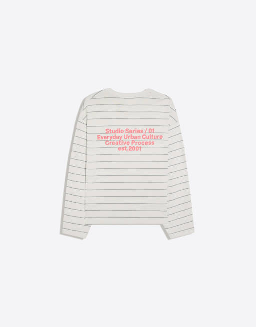 Bershka långärmad randig t-shirt i beige, 5 av 6