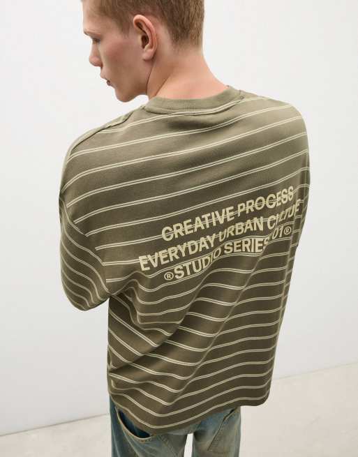 Bershka långärmad randig t-shirt i khaki, 3 av 6