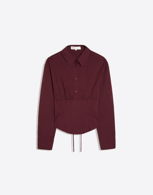 Bershka långärmad skjorta med korsetteffekt i burgundy, 5 av 5