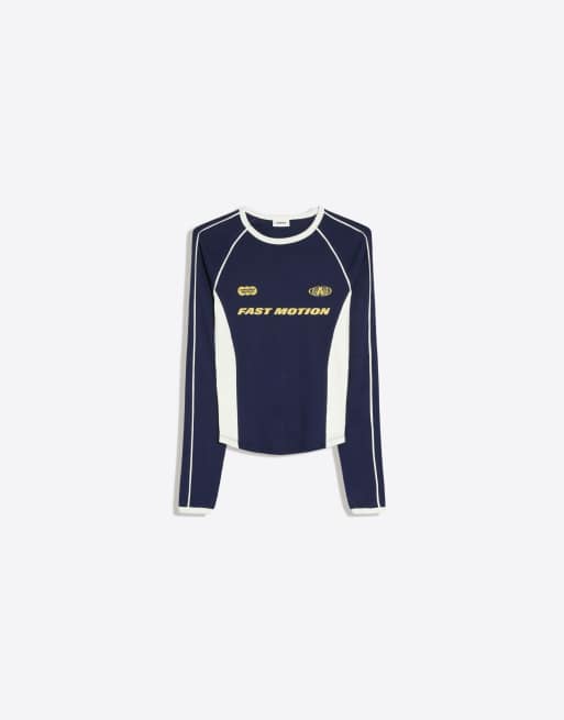 Bershka långärmad t-shirt med tryck i marinblått, 6 av 6