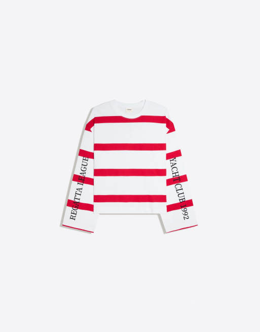Bershka långärmad t-shirt med tryck i rött, 5 av 5