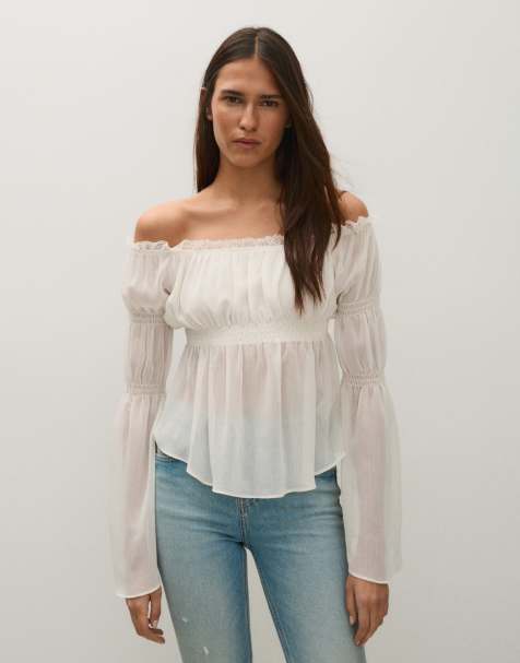 Bershka langärmeliges Top mit Bardot-Ausschnitt in Ecru - view 1