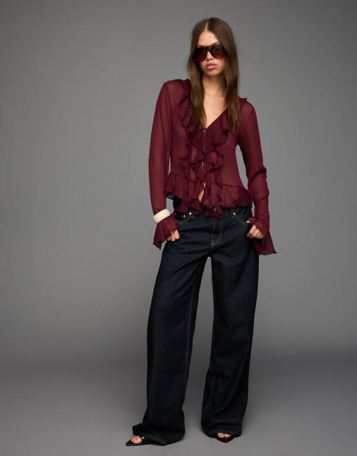Bershka – Langärmlige Hemdbluse in Schwarz mit Rüschen