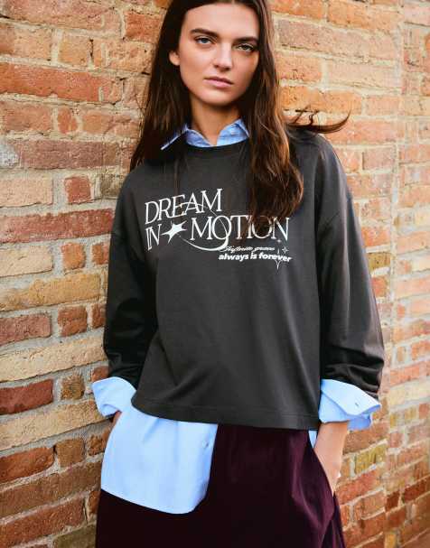 Bershka – Langärmliges Oversize-Shirt in verwaschenem Grau mit Print - view 1