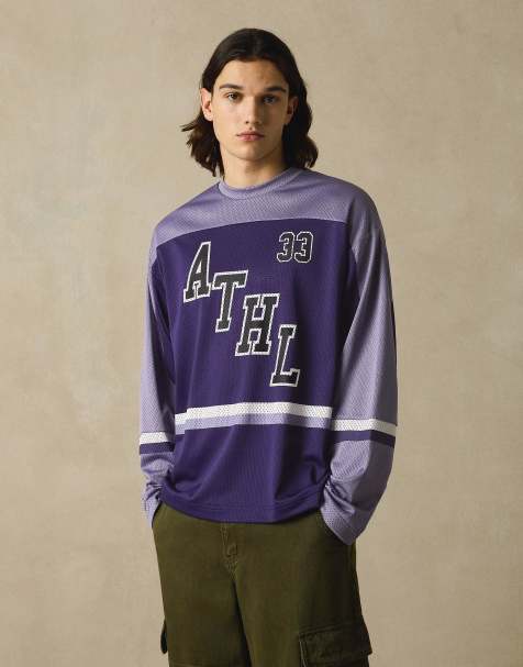 Bershka – Langärmliges Shirt aus Netzstoff in Lila mit Print - view 1