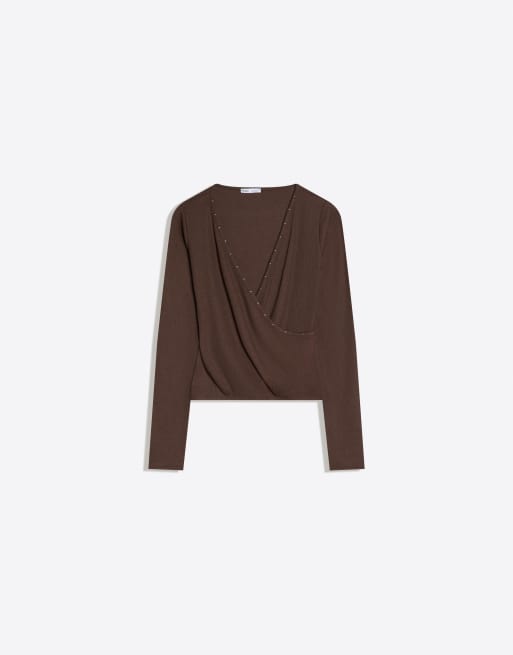 Bershka – Langärmliges T-Shirt in Braun mit Nietenbesatz, 3 von 4