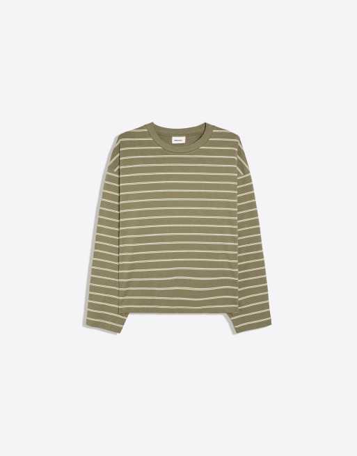 Bershka langärmliges T-Shirt mit Streifenprint in Khaki, 6 von 6