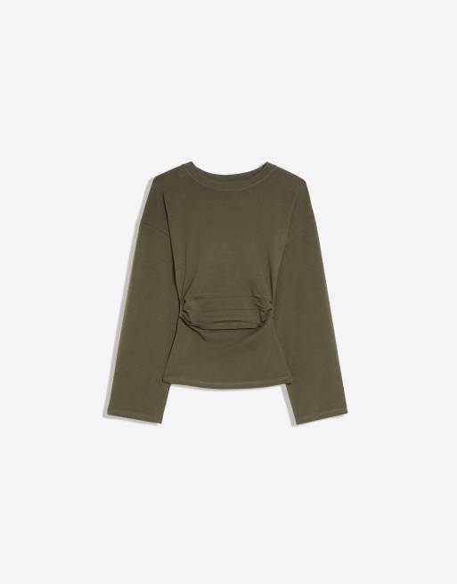 Bershka Langarmshirt mit Raffung in Khaki, 5 von 5