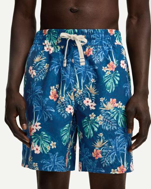 Bershka – Lange Badehose in Blau mit tropischem Print  