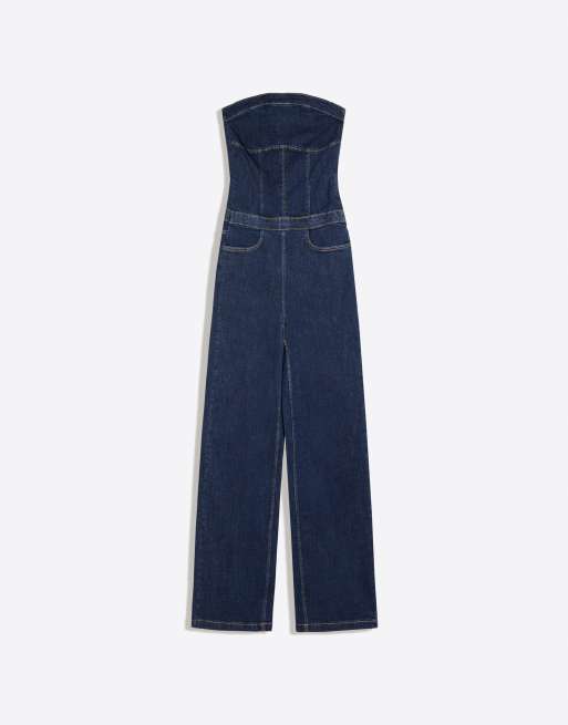 Bershka lange denim bandeaujumpsuit in denimblauw, 5 van 5