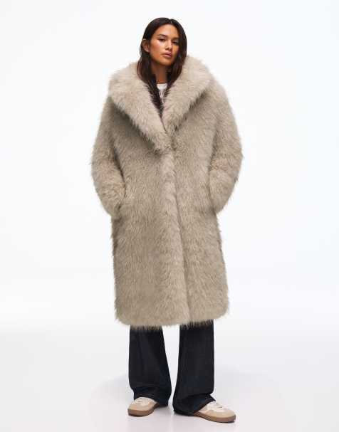 Bershka langer Faux-Fur-Mantel in Beige - view 1
