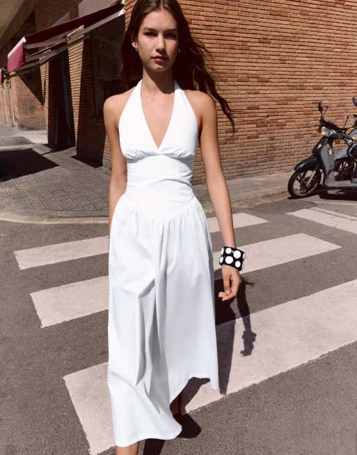 Bershka – Langes Neckholder-Kleid aus Popeline in Weiß, 2 von 5