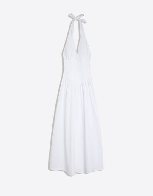 Bershka – Langes Neckholder-Kleid aus Popeline in Weiß, 5 von 5