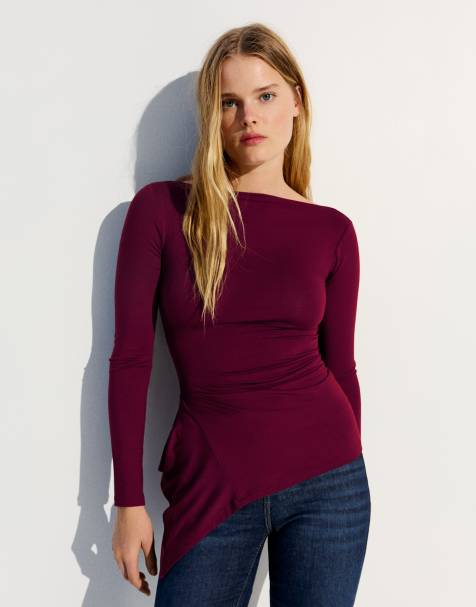 Bershka langærmet asymmetrisk T-shirt med rynkning i burgundy - view 1