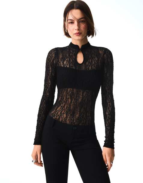 Bershka langærmet bodystocking i blonder med slids i halsudskæringen i sort - view 1
