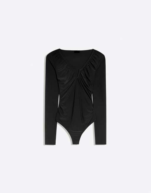 Bershka langærmet bodystocking med V-hals i sort, 5 af 5