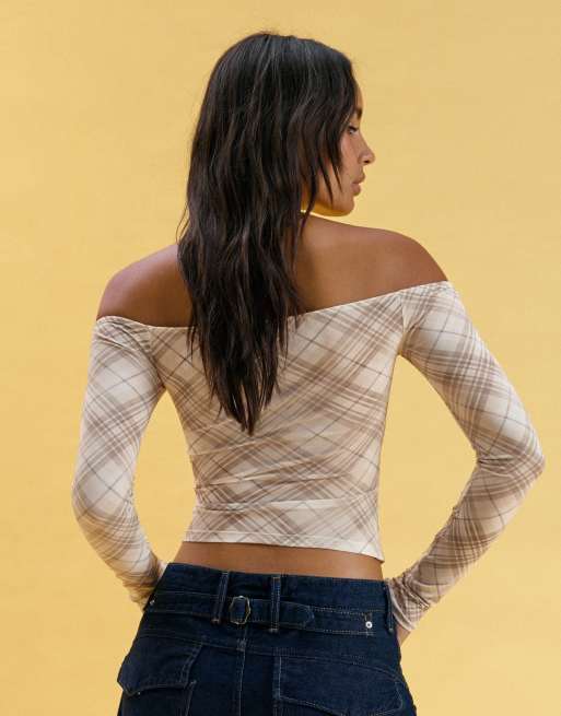 Bershka langærmet corset T-shirt med snørelukning i beige, 3 af 4
