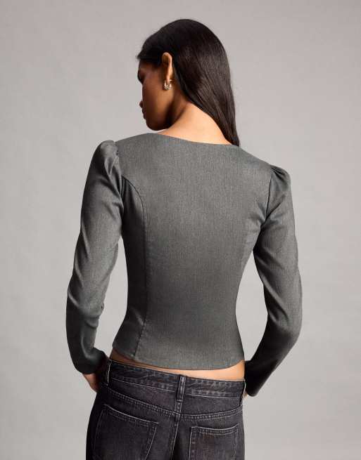 Bershka langærmet corsettop med trykknapper i grå, 3 af 6
