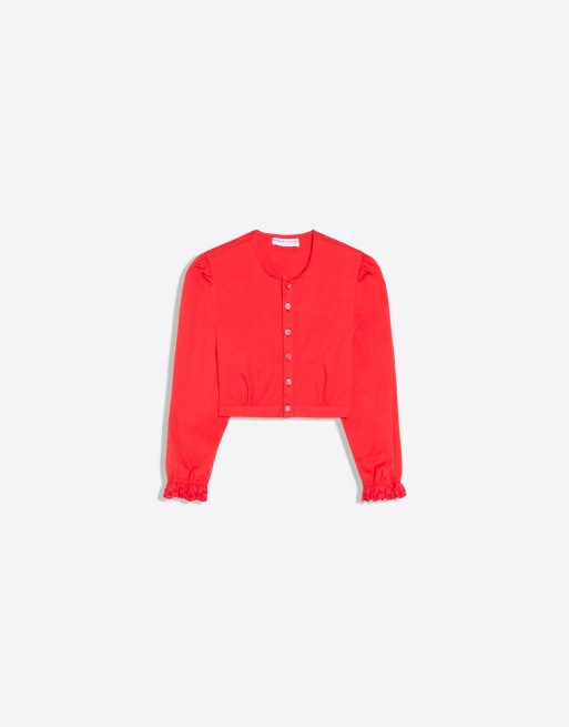 Bershka langærmet cropped skjorte i rød, 5 af 5