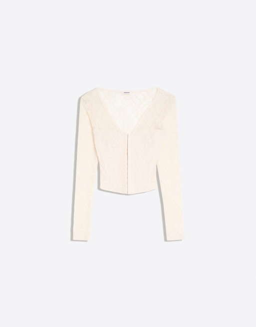 Bershka langærmet lace corset-T-shirt i ecru, 2 af 3