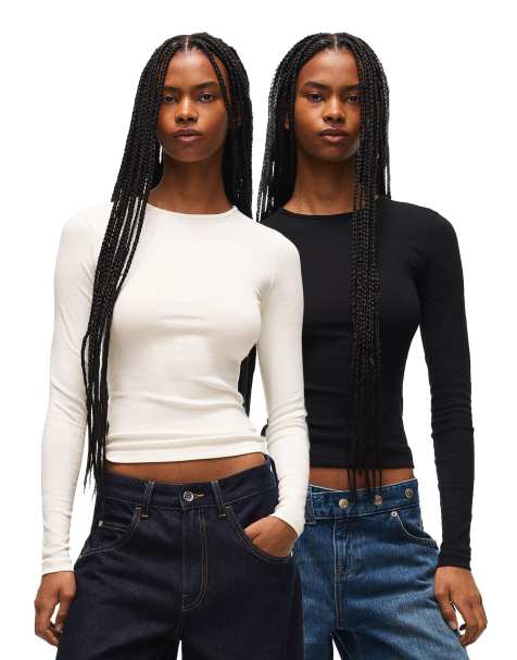 Bershka Langærmet - pakke med 2 T-shirts i hvid - view 1