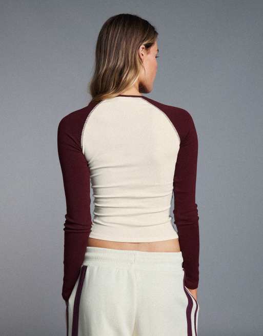 Bershka langærmet raglan-T-shirt i burgundy, 3 af 5