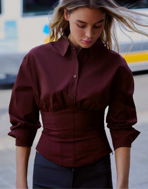 Bershka langærmet skjorte med corset-effekt i burgundy, 4 af 5