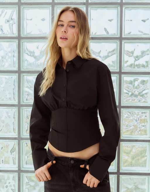 Bershka langærmet skjorte med corset-effekt i sort