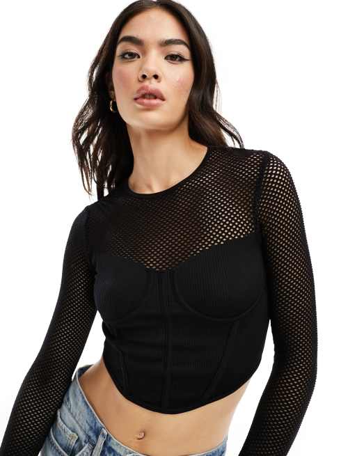 Bershka - Langærmet sort top i åben mesh