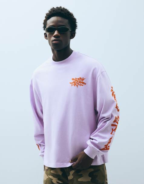 Bershka langærmet T-shirt med print i lilla - view 1