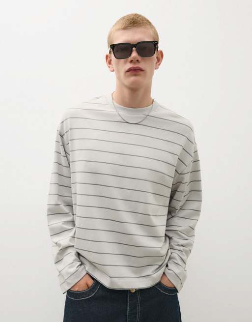Bershka langærmet T-shirt med stribetryk i beige, 2 af 6