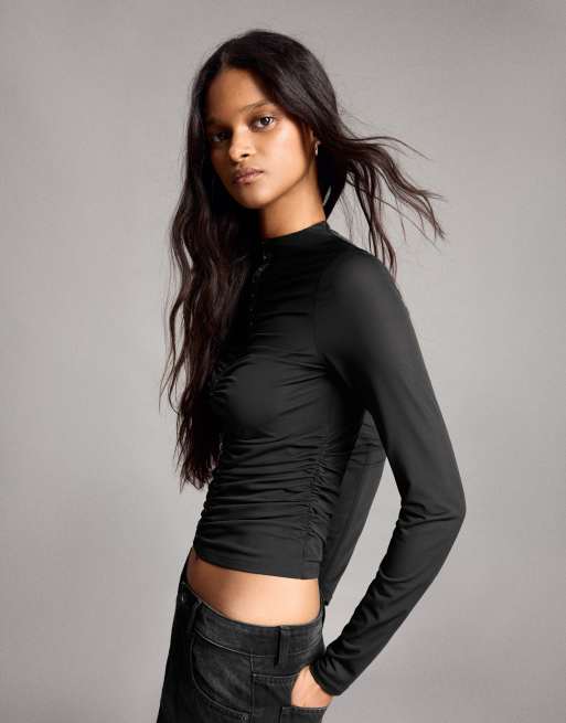 Bershka langærmet top i rynket tyl i sort, 5 af 6