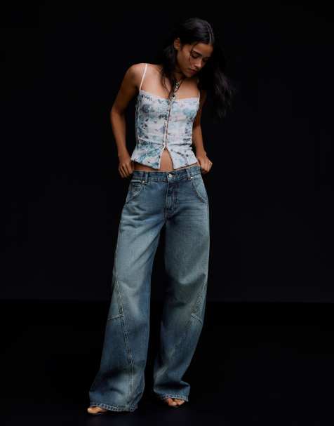 Bershka lavtaljede barrel-jeans i denimblå - view 1