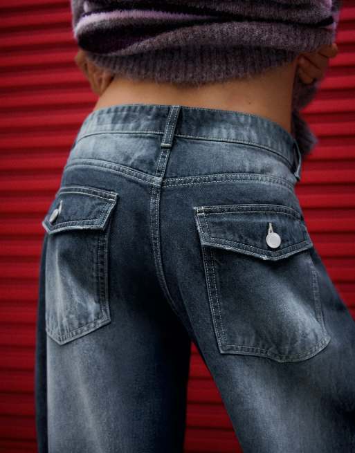 Bershka lavtaljede barrel-jeans i navy, 5 af 6