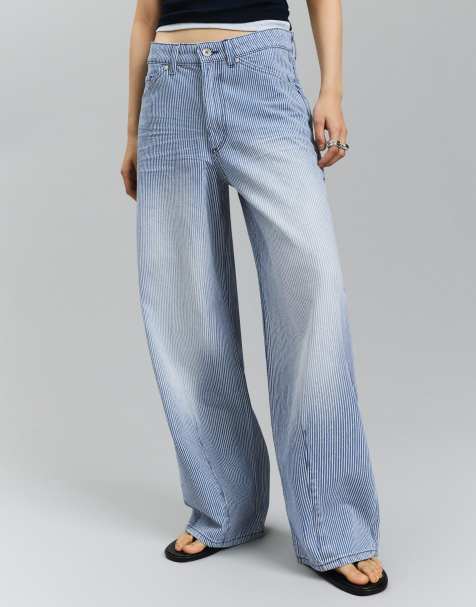 Bershka - Lavtaljede blå jeans med brede ben og striber - view 1