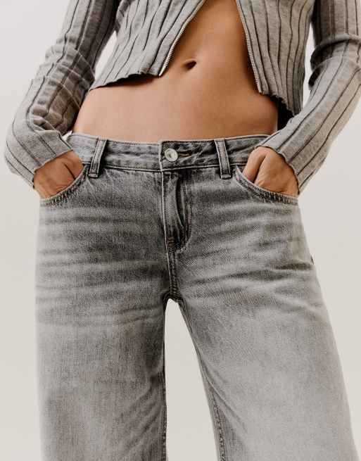 Bershka lavtaljede jeans med brede ben i lysegrå, 4 af 5