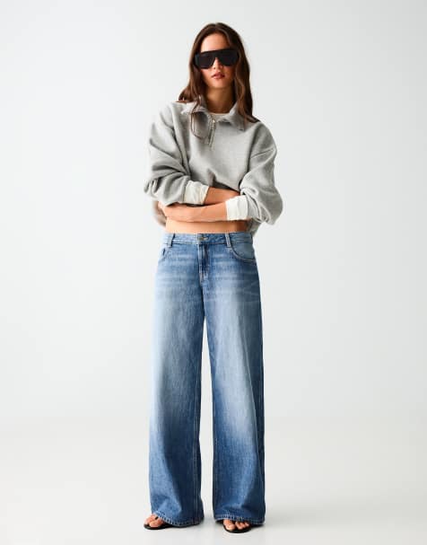 Bershka lavtaljede jeans med brede ben i mellemblå - view 1