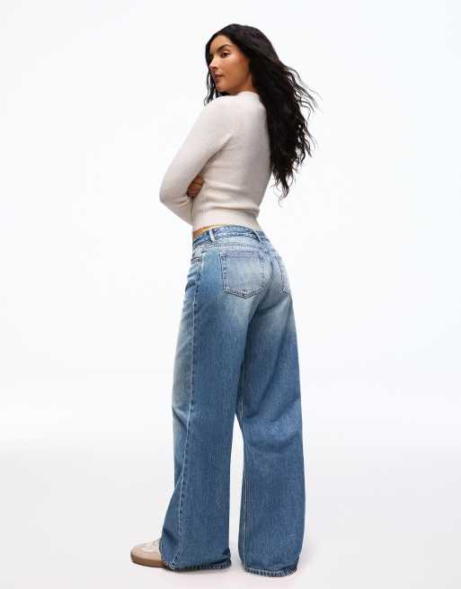 Bershka lavtaljede jeans med brede ben i mellemblå, 3 af 5