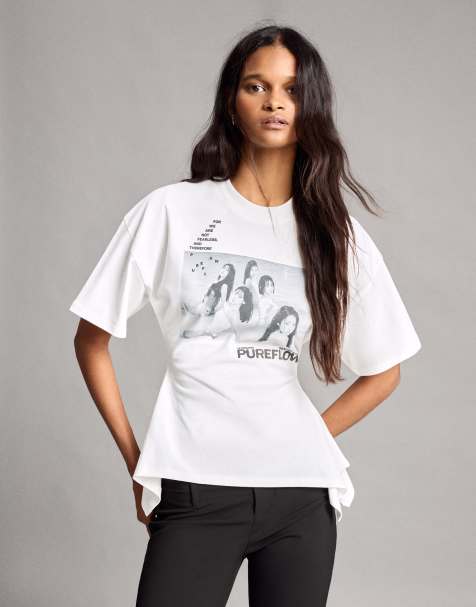 Bershka Le sserafim short sleeve cut-out t-shirt in white