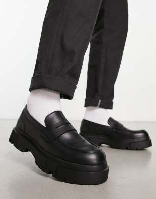 Bershka leather chunky loafer in black